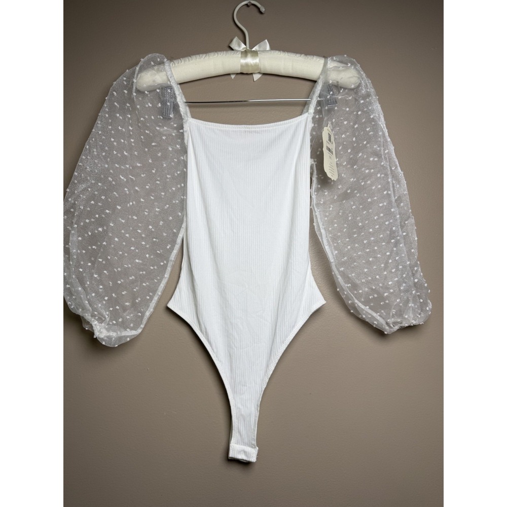 Altar'd State White Bodysuit With Sheer Dot Long Sleeves Size XS NWT